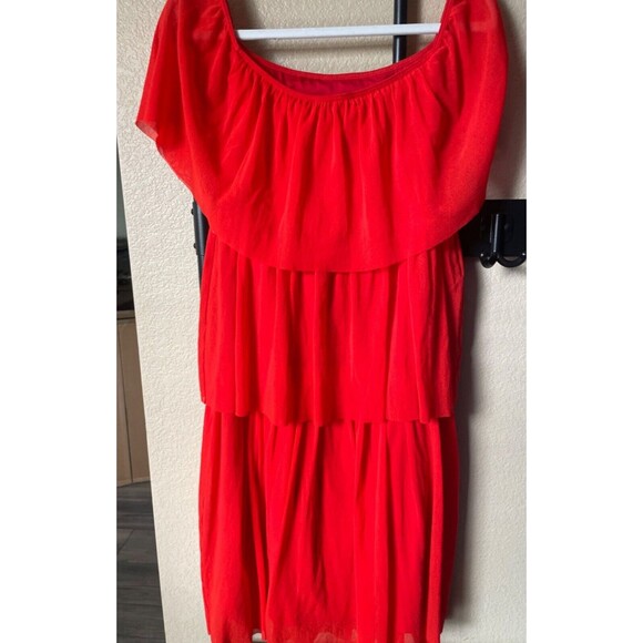 Fuzzi Off the Shoulder Red Tiered Midi Dress Size L NWT made in Italy Stretch - Picture 6 of 8